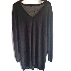 Elvi Plus Size Pullover Top Metallic Knit V Neck Long Sleeve Black Gold 02 2X